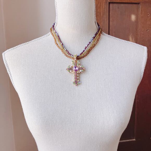 Colorful Glass Rhinestone Cross Christian Pendant Beaded Necklace Choker 16"-19" - Picture 7 of 12